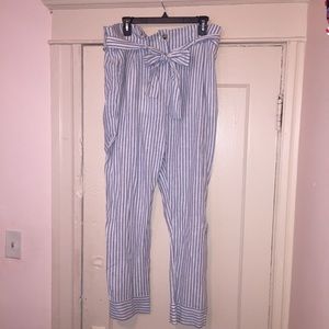 Stripped Linen Paper Bag Waist Pants